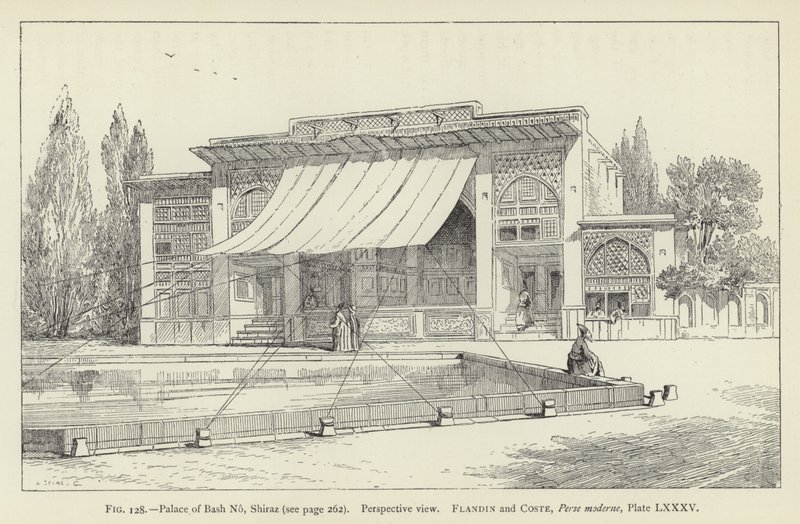 Paleis van Bash No, Shiraz, perspectiefweergave door French School