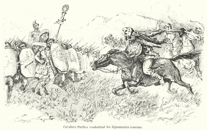 Parthische cavalerie valt Romeinse legionairs aan (gravure) door French School