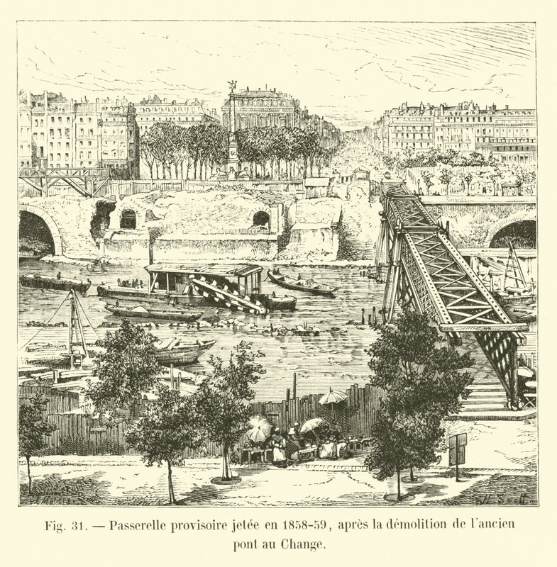 Tijdelijke loopbrug gelegd in 1858-59, na de sloop van de oude Pont au Change door French School