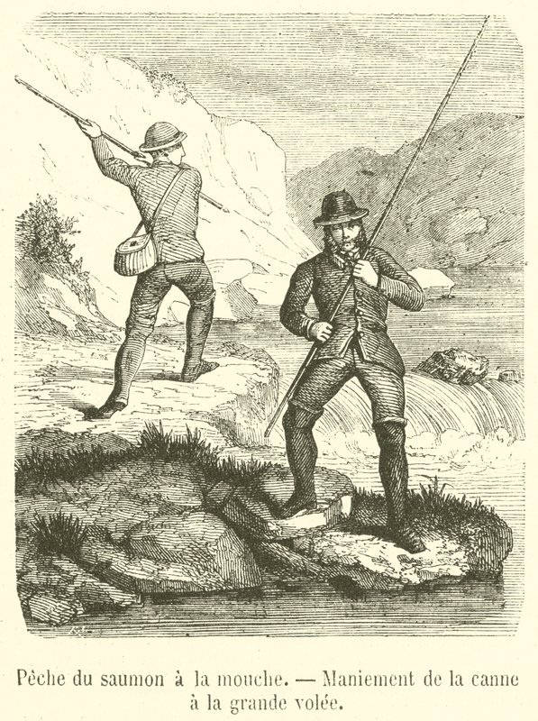 Zalmvissen met de vlieg, hanteren van de hengel met grote zwaai door French School