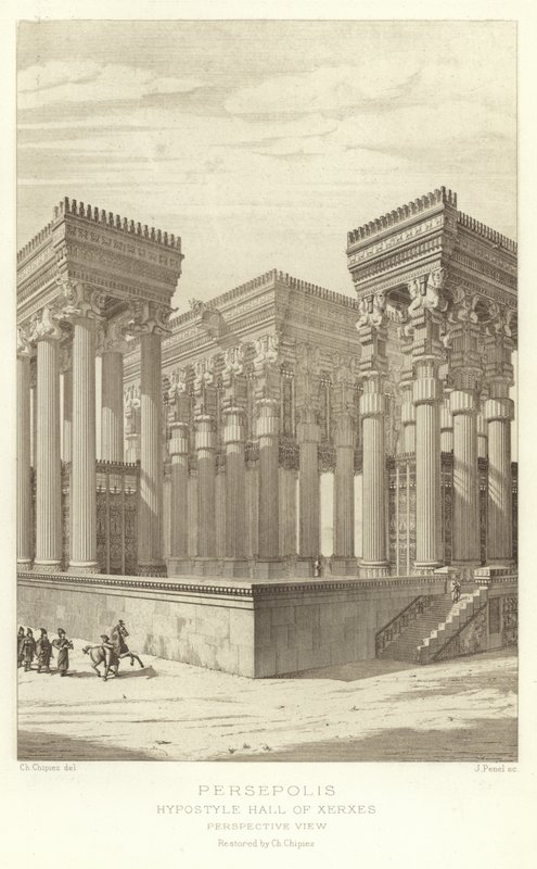 Persepolis, Hypostyle Hal van Xerxes, Perspectief, gerestaureerd door Ch Chipiez door French School