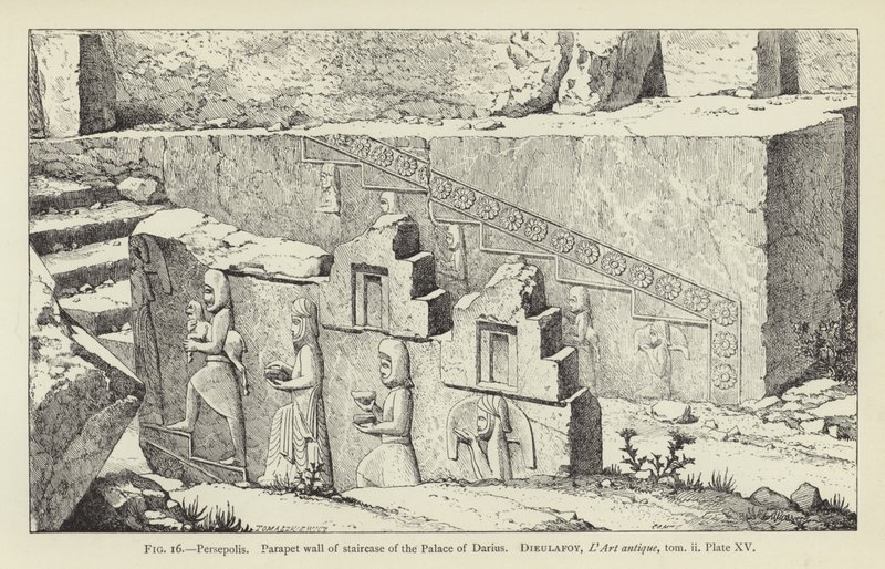 Persepolis, borstwering van trap van het paleis van Darius door French School