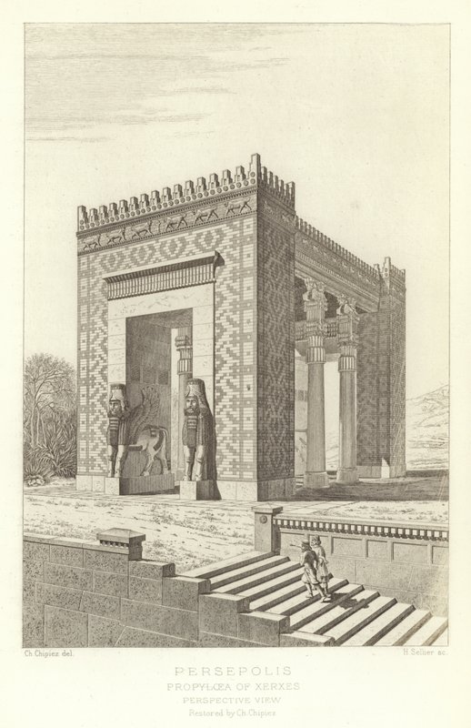 Persepolis, Propylaea van Xerxes, Perspectief, gerestaureerd door Ch Chipiez door French School