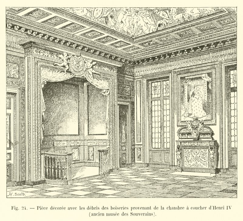 Kamer versierd met de overblijfselen van het houtwerk afkomstig uit de slaapkamer van Hendrik IV, voormalig museum van de Soevereinen door French School