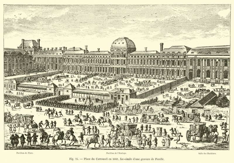 Place du Carrousel in 1680, fac-simile van een gravure van Perelle door French School