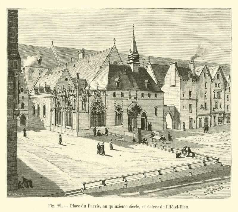 Place du Parvis, in de vijftiende eeuw, en ingang van het Hotel-Dieu door French School