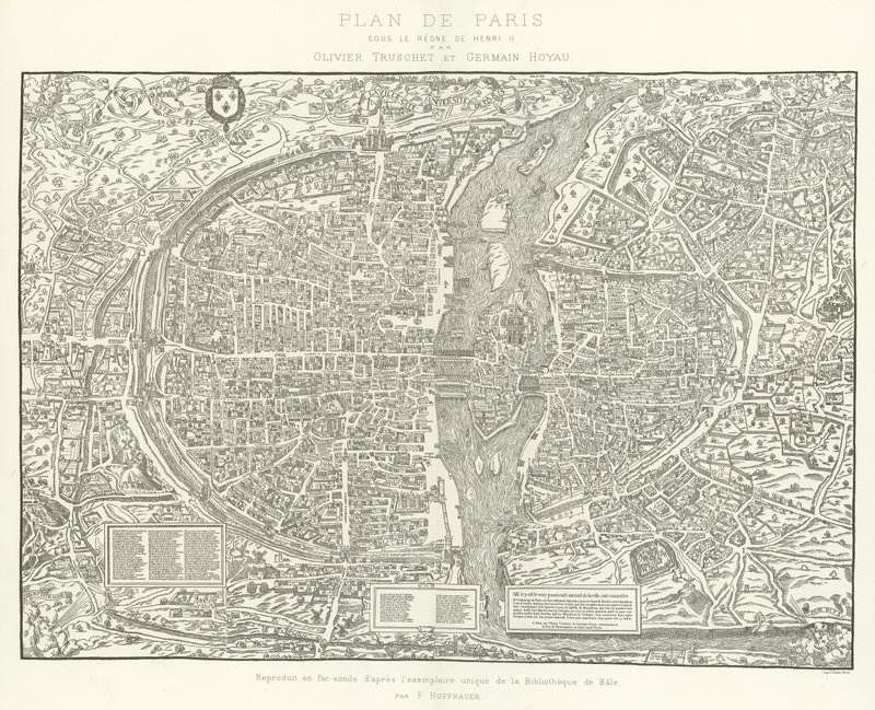 Plattegrond van Parijs, onder het Regeer van Hendrik II door Olivier Truschet en Germain Hoyau door French School