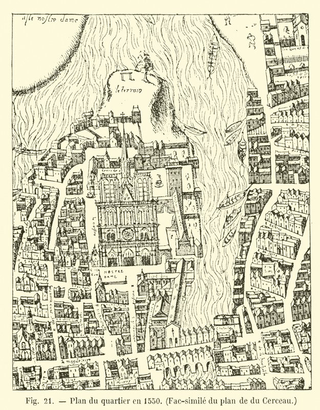 Plattegrond van de wijk in 1550, Facsimile van het plan van du Cerceau door French School