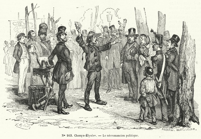 Politieke goochelaar op de Champs Elysees, Parijs (gravure) door French School