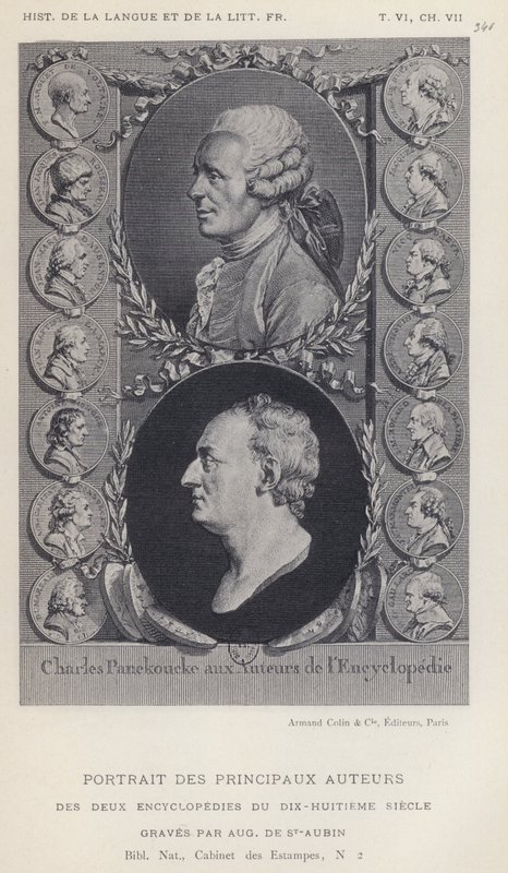 Portret van de belangrijkste auteurs van de twee encyclopedieën van de achttiende eeuw (litho) door French School