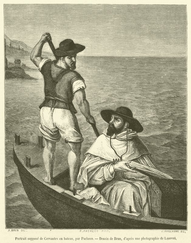 Vermeend portret van Cervantes in een boot (gravure) door French School
