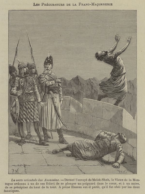Voorlopers van de Vrijmetselarij: de Assassijnen (gravure) door French School