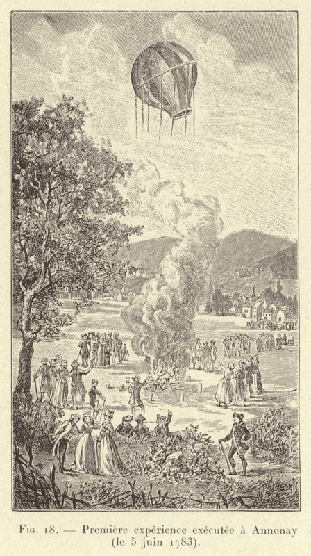 Eerste experiment uitgevoerd in Annonay (5 juni 1783) (gravure) door French School