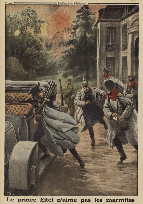 Prins Eitel Friedrich van Pruisen, tweede zoon van keizer Wilhelm II van Duitsland, vlucht in paniek als zijn hoofdkwartier in het Chateau de Temple-la Fosse onder Franse artilleriebeschietingen komt tijdens de Slag aan de Somme, Eerste Wereldoorlog door French School