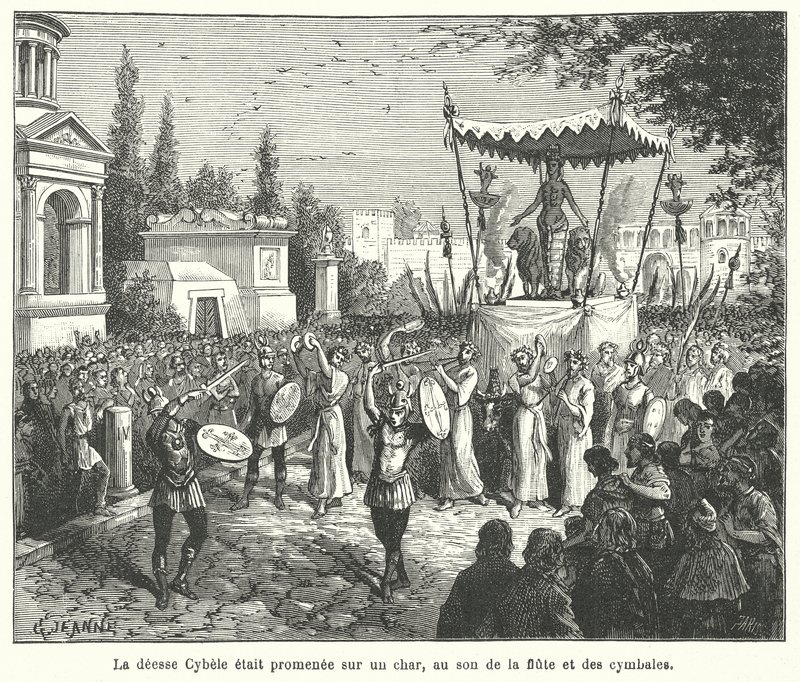 Processie van de wagen van de Romeinse godin Cybele, voorafgegaan door fluitspelers en cimbalen spelers door French School