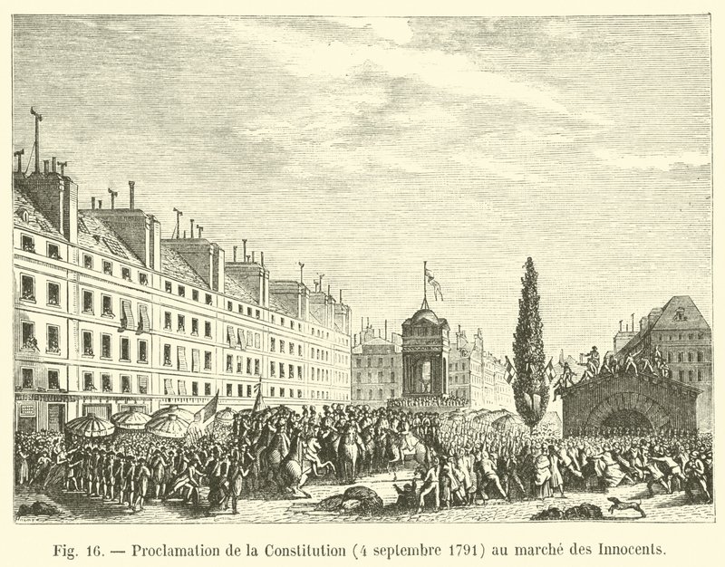 Proclamatie van de Grondwet, 4 september 1791, op de markt van de Onschuldigen door French School