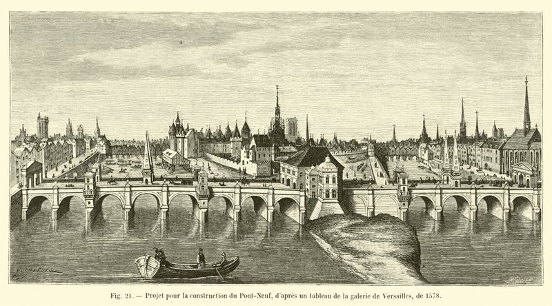 Project voor de bouw van de Pont-Neuf, volgens een schilderij uit de galerij van Versailles, uit 1578 door French School
