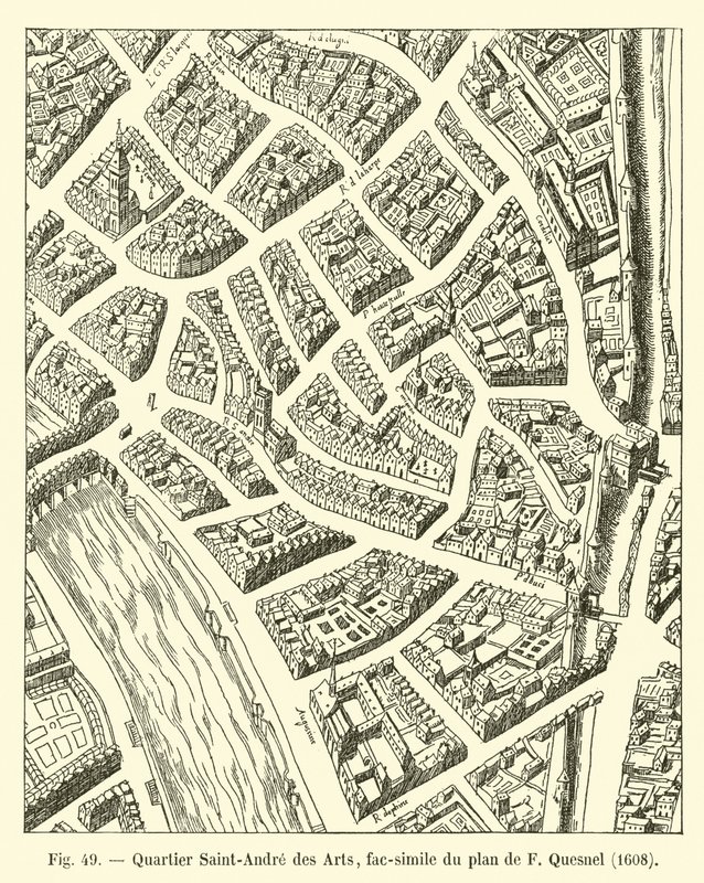 Wijk Saint-Andre des Arts, facsimile van het plan van F Quesnel, 1608 door French School
