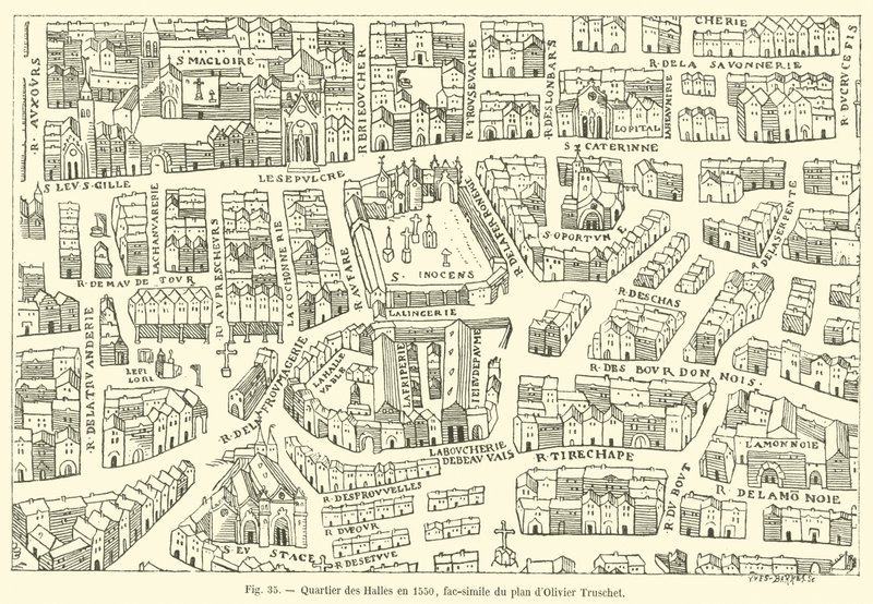 Wijk van de Hallen in 1550, facsimile van het plan van Olivier Truschet door French School