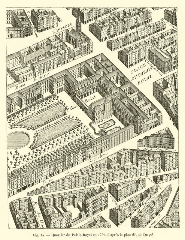 Wijk van het Palais-Royal in 1739, naar het zogenaamde plan van Turgot door French School