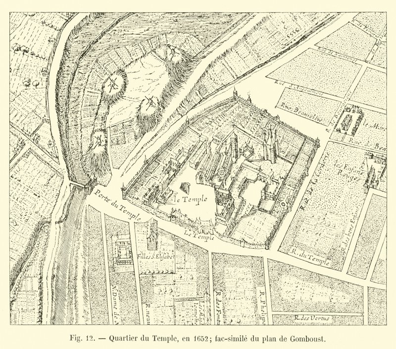 Wijk van de Tempel, in 1652; facsimile van het plan van Gomboust door French School