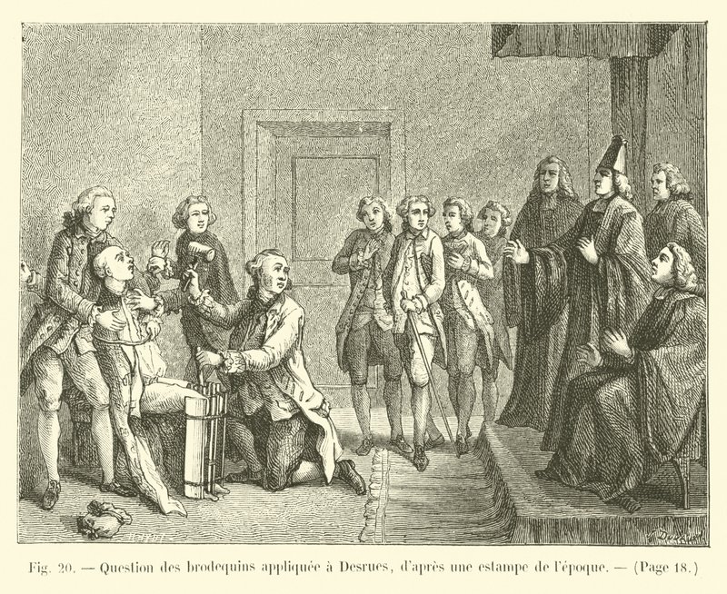 Marteling met laarzen toegepast op Desrues, naar een prent uit die tijd door French School
