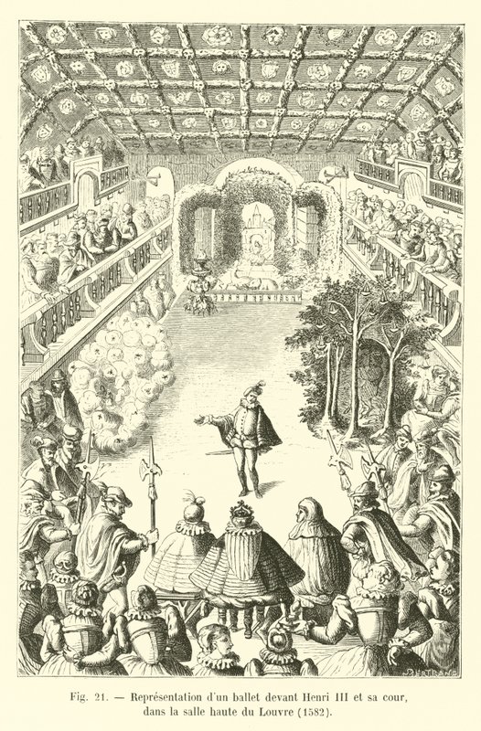 Voorstelling van een ballet voor Hendrik III en zijn hof, in de hoge zaal van het Louvre, 1582 door French School