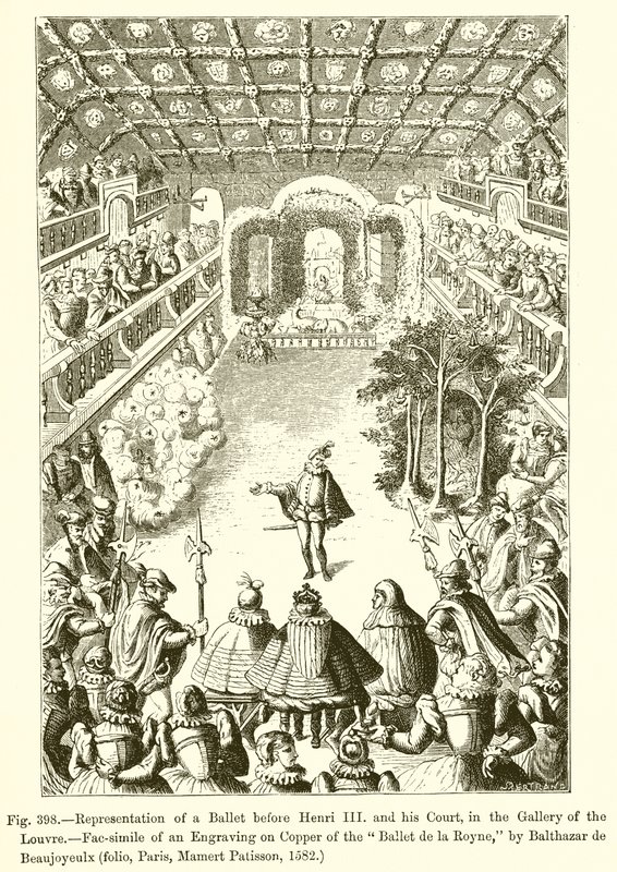 Voorstelling van een Ballet voor Hendrik III en zijn Hof, in de Galerie van het Louvre door French School
