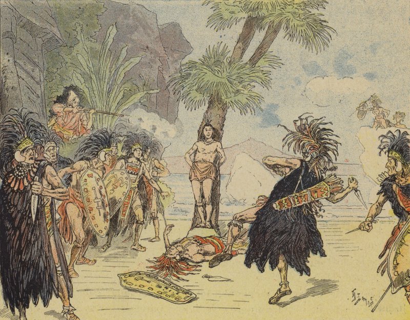 Robinson Crusoe doodt de kannibalenleider en redt Vrijdag