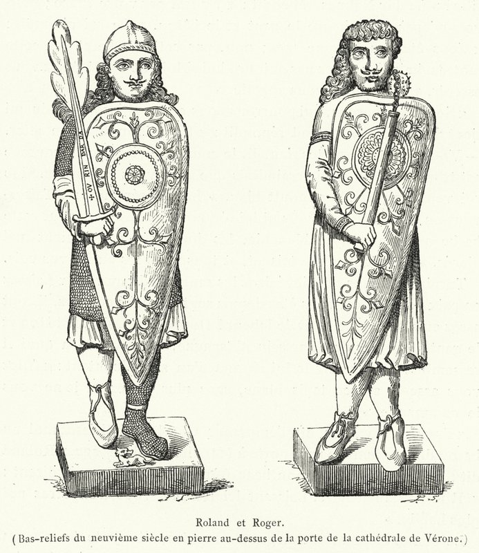 Roland en Roger, Bas-reliëfs uit de negende eeuw in steen boven de deur van de kathedraal van Verona (gravure) door French School