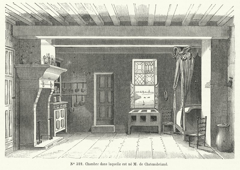 Kamer in het Hotel de France in St Malo, Bretagne, waar de Franse schrijver en politicus Francois-Rene de Chateaubriand werd geboren door French School