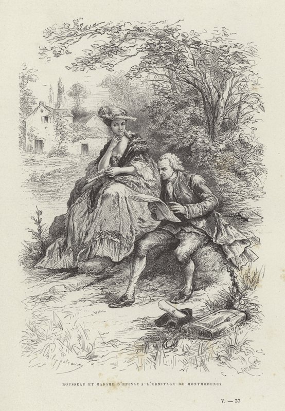 Rousseau en Madame DEpinay bij de Hermitage van Montmorency door French School