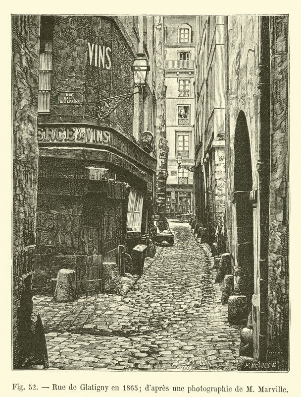 Rue de Glatigny in 1865; naar een foto van M. Marville door French School