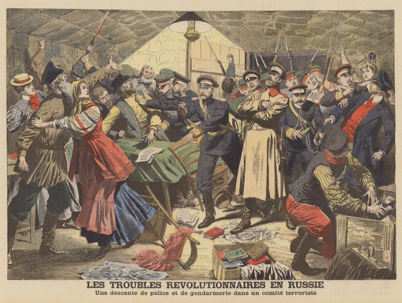 Russische politie breekt een revolutionaire bijeenkomst op door French School