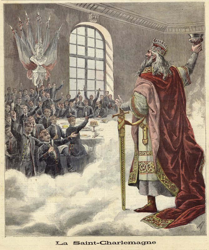 Sint Karel de Grote heft een kelk op naar zittende eters door French School