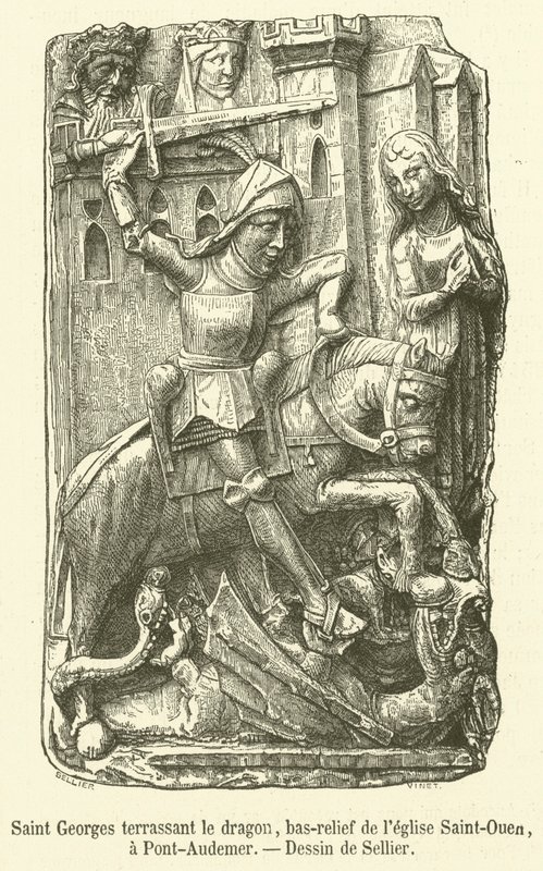Sint-Joris die de draak verslaat, bas-reliëf van de kerk Saint-Ouen, in Pont-Audemer door French School