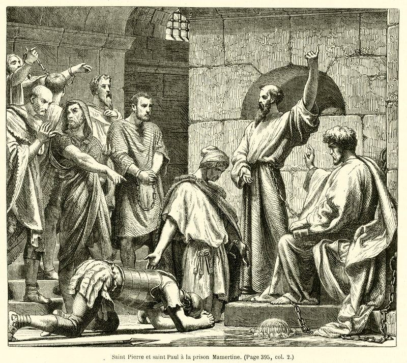 Sint Pieter en Sint Paulus in de Mamertijnse gevangenis (gravure) door French School