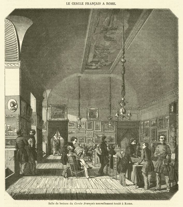 Leeszaal van de pas opgerichte Cercle Francais in Rome (gravure) door French School