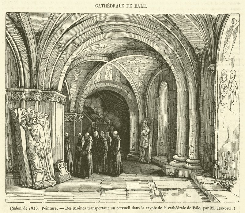 Salon van 1843, Schilderij, Des Moines transportant un cercueil dans la crypte de la cathedrale de Bale (gravure) door French School