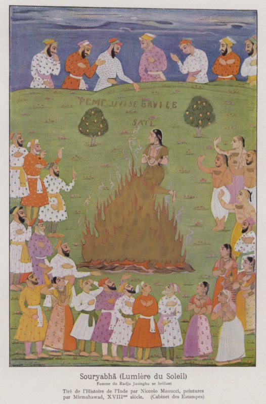 Sati, de traditie van een weduwe die zichzelf opoffert op de brandstapel van haar man in India (kleurenlitho) door French School