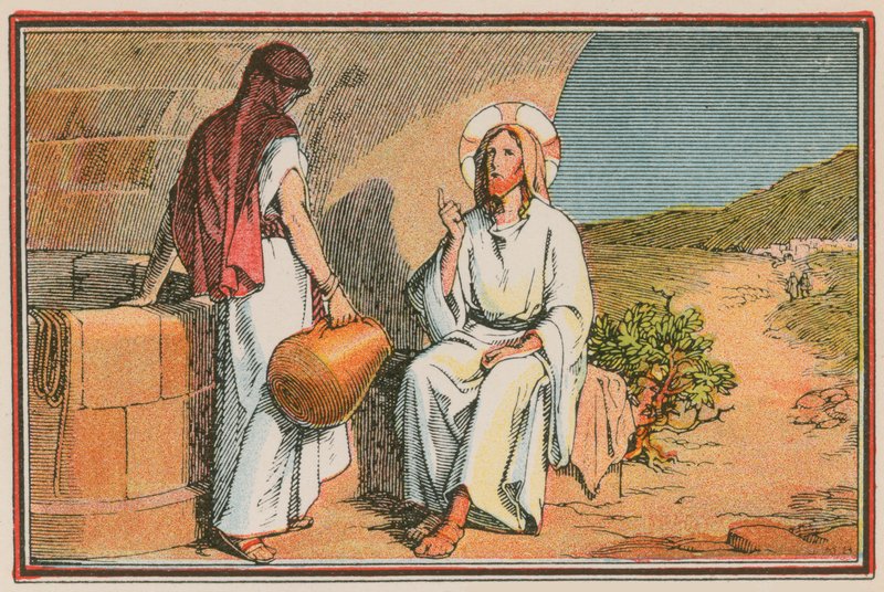 Scène uit het leven van Jezus (gekleurde gravure) door French School