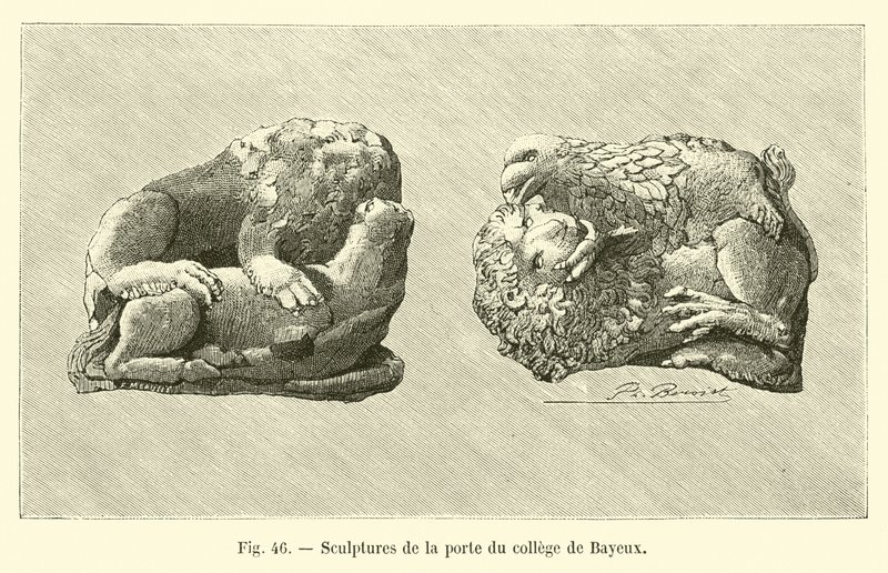 Sculpturen op de deur van het college in Bayeux (gravure) door French School