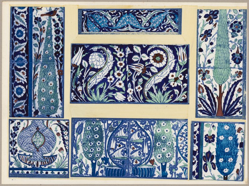 Zeven aardewerkpatronen, Damascus, 16e en 17e eeuw (kleurenlitho) door French School