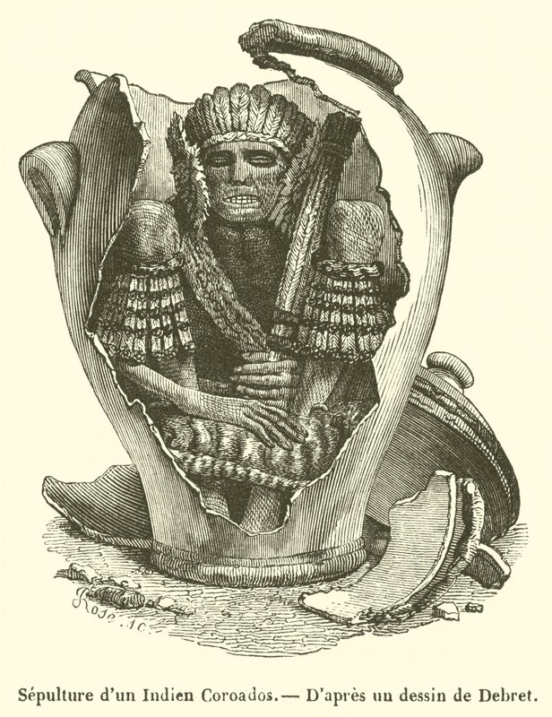 Sepultuur van een Coroados-indiaan (gravure) door French School