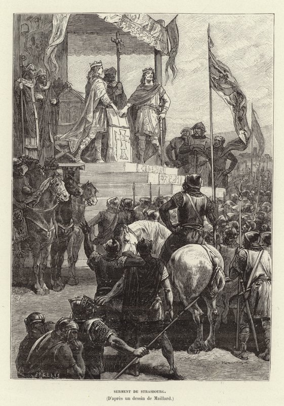 Eed van Straatsburg. Verbond tussen Lodewijk de Duitser en Karel de Kale, koningen van Oost- en West-Francië, 842 door French School