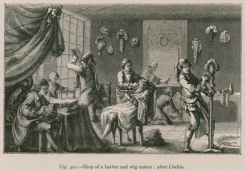 Winkel van een barbier en pruikenmaker (naar Cochin) door French School