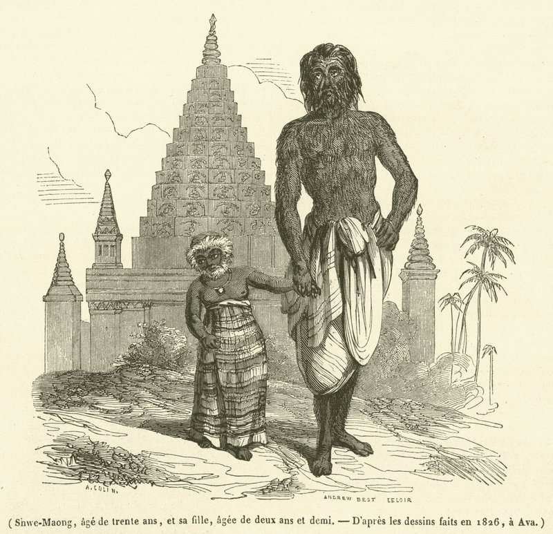 Shwe-Maong, dertig jaar oud, en zijn dochter, tweeënhalf jaar oud (gravure) door French School
