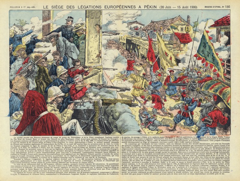 Belegering van de Europese legaties in Beijing, Bokseropstand, China, 20 juni - 15 augustus 1900 (kleurenlitho) door French School