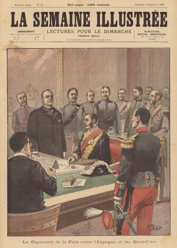 Ondertekening van een vredesprotocol dat een einde maakt aan de vijandelijkheden in de Spaans-Amerikaanse Oorlog, Washington DC, 12 augustus 1898 door French School