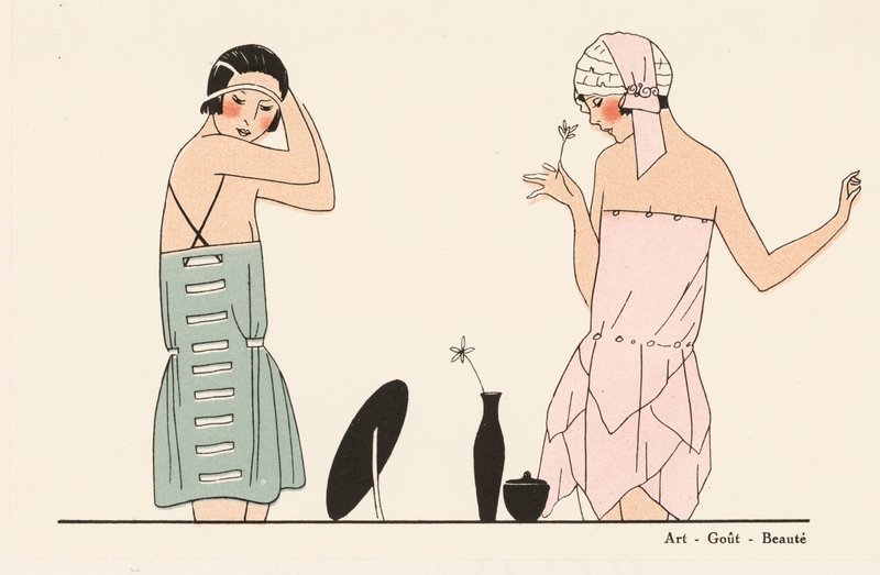 Zijden lingeriemode uit de jaren 1920 (kleurenlitho) door French School